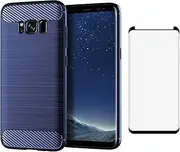 Asuwish Phone Case for Samsung Galaxy S8 with Tempered Glass Screen Protector Cover and Cell Accessories Slim Soft TPU Rubber Protective Glaxay S 8 Gaxaly 8S Edge SM-G950U Women Men Carbon Fiber Blue