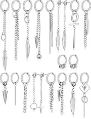 [Lismore Heaven] LH-20Pcs Dangle Earrings for Men, Hoop Dangle Earrings Stainless Steel Long Chain Necklace Earring Hinged Jewelry Set