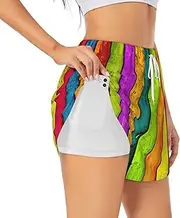 [WURTON] Colored Wooden Board Print Exercise Gym Workout Shorts Women's Athletic Shorts Dual-Layered Yoga Running Shorts