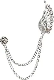 [Kefley] Silver Rhinestoned Wing Chain Brooch Lapel Pin for Men Decorative Tie Suit Collar Pin Crystal Tassel Metal Pins for Clothing Styling Scarf Hat Clock Sweater Suit Accessories for Boyfriend Husband
