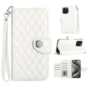 For iPhone 13 Pro Rhombic Texture Flip Leather Phone Case with Lanyard - White