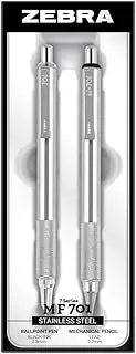Zebra Pen M/F 701 Stainless Steel Mechanical Pencil and Ballpoint Pen Set, Fine Point, 0.7mm HB Lead and 0.8mm Black Ink, 2-Count Gift Set, Silver (10519)