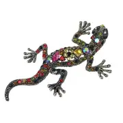 Rhinestone Gecko Lizard Colorful Crystal Silver-tone Brooch Pin