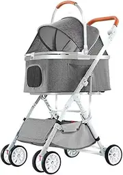 Travel Pet Dog Stroller for Medium Small Dogs Cats, Pet Stroller Foldable 4 Wheel Cat Dog Cart Strollers with Detachable Carrier, Breathable Pet Nest Seat Loading 20kg(Gray a)