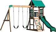 Backyard Discovery Buckley Hill, Wooden Swing Set, All-Natural Wood, 3 – 6 Year Old’s, UV Protection, 2 Belt Swings, Rope Chain, Rockwall Ladder Combo, Speedy Slide