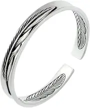 [HEYONA] Women Jewelry 925 Silver Sterling Bracelet Fashion Cuff Bangle Chain Bracelets,Friendship Bracelets Vintage Carved Feather Open Cuff Bangle Classical Fashion for Women Mom Girlfriend Clothing