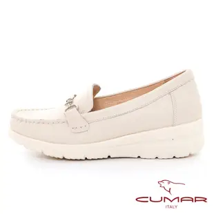 【CUMAR】輕量化厚底台真皮休閒鞋-米白