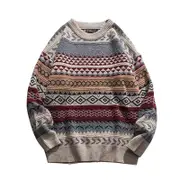 Nevenka Vintage Striped Sweater Grandpa Crewneck Knitted Pullover for Men-Red