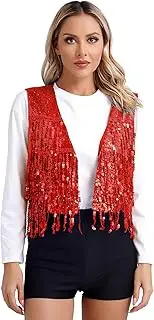 [Rswnyirn] Women Sparkly Fringe Vest Glitter Tassel Waistcoat Tops Sleeveless Open Front Blazer Cardigan Sequin Jacket