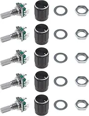 eMagTech 5 Kits of 360 Degree Rotary Encoder Modules EC11 Digital Potentiometer Push Button Switch 5 Pins 20mm Shaft with Black Knob Cap