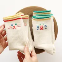 在飛比找momo購物網優惠-【韓國 KOKACHARM】彩色線條貓咪表情兒童大童短襪2