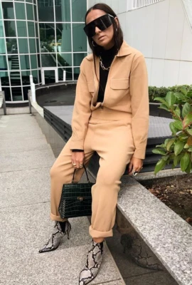 NEW ZARA CAMEL KNIT SHIRT-STYLE JUMPSUIT WITH POCKETS SIZE S RARE 9919/112