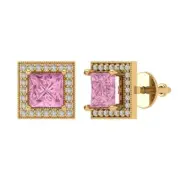 2.3 Princess Round Cut Halo Pink Stud Solitaire Earrings 14k Yellow Solid Gold