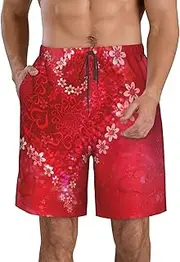 [OAROK] Valentine's Day Reds Heart Flower Men's Casual Beach Shorts Quick Drying Shorts Men's Stretch Swim Trunks Daily Wear Style, White, 3X-Large