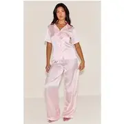 Pink Satin Short Sleeve Long Pj Set, Pink