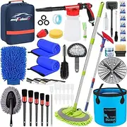 AUTODECO 44Pcs Car Wash Detailing Kit Cleaning Kits with Foam Gun Sprayer Wash Mop with Long Handle Collapsible Bucket Large Wash Mitt Towels Complete Interior Exterior Car Washing Supply Set Blue