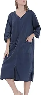 [Panegy] Women V Neck Cotton Bathrobe Sleepwear Half Sleeve Zipper Pajama Gowns Big & Tall Casual Nightwear Sleepdress Waffle Comfy Lightweight Loungewear Loose XL