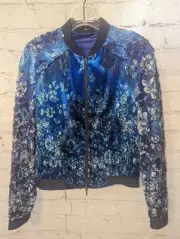 Elie Tahari Fatima Zip Jacket Blue Floral Embellished Lined Long Sleeve Sz XS