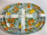 Shabby Chic Melamine Platter Set of 3 Fruit Oranges Lemons Citrus on Blue NIP