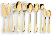 [Berglander] Stainless Steel Golden Serving Flatware Set, Silverware Set With Cake Server, Fish Knife, Fork, Spoon, Salad Utensils, Butter Knife, Icecream Spoon