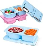 2 Pack Silicone Snack Containers with Lids, Reusable Snack Containers with Lids, Small Double Compartment Sauce Good for On-the-Go Salads, Fruits, Cookies (Spoon not included)