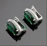 3Ct Oval Cut Lab Created Green Emerald Halo Stud Earrings 14K White Gold Plated