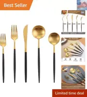 Matte Black Gold Silverware Set, 40-Piece Stainless Steel Flatware Cutlery Se...