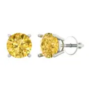3Ct Yellow Gemstone - Round Cut VVS1 - Real Gold Stud Luxury Earrings Screw-Back