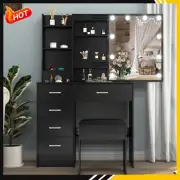 Black Dressing Table Set 6 Drawers and Shelves 10 LED Bulbs Mirror Vanity Set