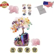 Feng Shui Rose Quartz Elephant and Colorful Crystal Money Tree for Home Decor
