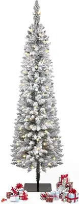 5Ft Snow Flocked Christmas Tree Pre-Lit with Warm Lights, White Frosted Pencil N