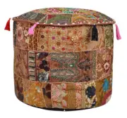 Pouf Ottoman Foot Stool Fabric Patchwork Embroidered Puffe Cover Indian Brown