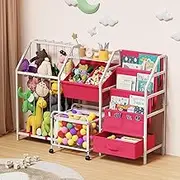 VORTULIUK Kids Bookshelf and Toy Storage, Kids Book Shelf for Kids Rooms, Montessori Bookshelf with Toy Storage Organizer, Children Toddler Bookshelf Baby Bookcase for Nursery Bedroom Playroom, Rose
