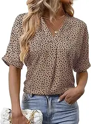 [EGRETLAC] Blouses for Women Dressy Casual Short Sleeve Business Tops Summer Work Shirts 3/4 Sleeve Leopard Print Chiffon Tunic