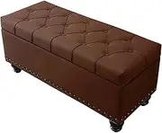 Folding Storage 100x40x45cm Household Shoe Changing Stool Tufted top Large Storage Space Multifunctional Footstool Artificial Leather Sturdy Solid Wood feet 150kg Ottomans (Dark Brown)
