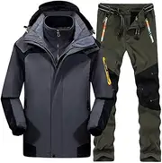 [CLSQLXYJZC] Winter Outdoor Ski Suit Men, Insulated Waterproof Ski Hooded Jackets and Pants with Belt Set, Waterproof Windproof 2 Pieces Ski Suits Set, for Skiing, Snowmobiling, Hiking(Gray-Green,4X-Large)