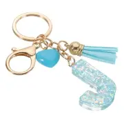 Initial Letter Keychain, Letter J Heart Design Charm with Tassels, Blue