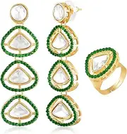 [Aheli] Synthetic Stone & Green Beads Studded Drop Earrings & Finger Ring Set Gift for Women, One Size, Zinc, synthetic stone & beads