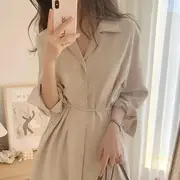 Long-Sleeve Lapel Collar Plain Tie Waist Half-Button Slit Midi A-Line Dress Almond - L