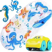 Bath Mat for Tub for Kids, Baby Non Slip Bathtub Mat for Bathroom Shower, Floor Mats for Toddler, Comes w/ a Bath Toy, 27.6x15.4 inches, Machine Washable, Easy to Hang Dry(Blue Ocean)