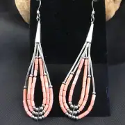 Pink Coral 3 Strand Heishi Liquid Sterling Silver Dangle Earrings 2025