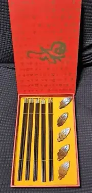 Asian Oriental Chopsticks with Leaf Rests 5 Sets NIB
