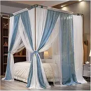 Double Layer Linen Bed Canopy Mosquito Net, 4 Corner Post Bed Curtains Bedroom Decor with Stainless Steel Brackets (Color : Blue, Size : 200X220cm/79X87in)
