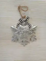 New Metal Silver "Let it Snow" Snowflake Christmas Tree Ornament Plaid Farmhouse