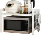 Expandable 2-Tier Microwave Shelf with Hooks for Kitchen Organization (White)