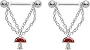 [Niaspi] 14G Mushroom Chain Nipple Bars Rings for Women 316L Stainless Steel Red Cubic Zirconia Mushroom Fruit Tassel Chain Dangle Nipplering Barbell Studs Rings Dainty Nipple Body Piercing Jewelry, Stainless