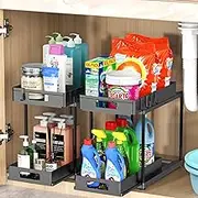 Kjfeoiye Under Sink Organizers and Storage, 2 Pack Large Capacity Heavy Load Double Pull-out Under Sink Shelves with Sliding Drawer for Kitchen and Bathroom, Black