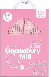 Bloomsbury Mill - Twin Pack - 100% Pure Organic Cotton - Extra Soft Cellular Baby Blankets - Swaddle Blanket - Baby Essentials for Newborn - Cot Bed/Pram/Travel/Moses Basket - Pink
