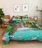 3D Waterfall Peacock A6568 Bed Pillowcases Quilt Duvet Cover Set Queen King Amy
