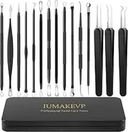 Pimple Popper Tool Kit, IUMAKEVP 15 PCS Professional Stainless Steel Blackhead Remover Comedone Extractor Tools for Removing Pimples, Blackheads, Zit on Face - Acne Removal Kit with Metal Case (Black)